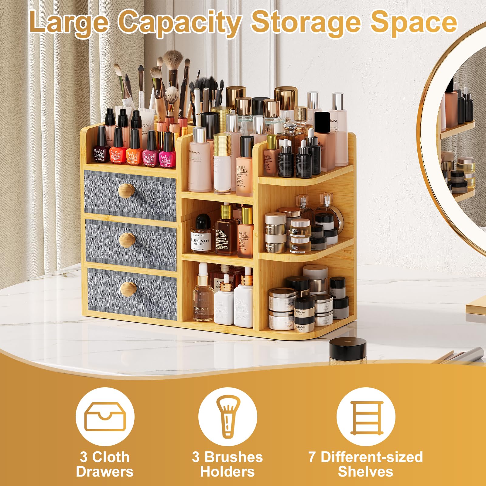 X-cosrack Large Makeup Organizer – 3-Tier Bamboo Vanity & Bathroom Storage