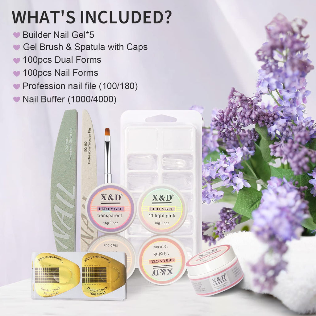 X&D Poly Gel Nail Kit: 5 Colors, Dual Forms, Brush & File Set