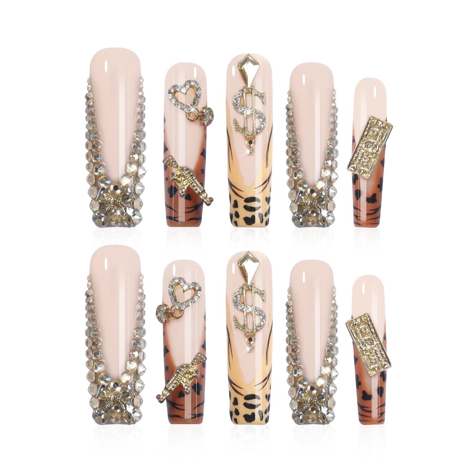 XGV Handmade Press On Nails Long Square – Pink Rhinestones, Reusable Acrylic Nails (10pcs)