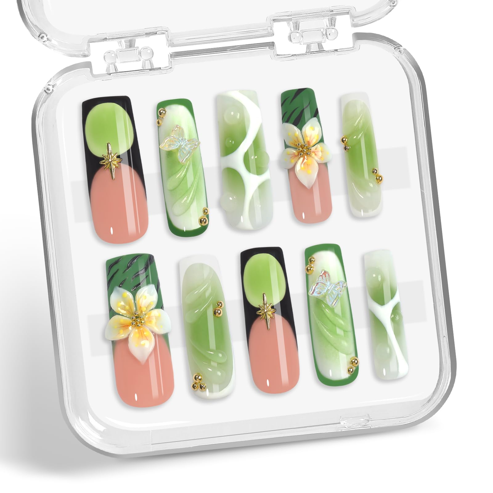 XGV 10pcs Handmade Press-On Nails – Medium Long Square Nude Pink Green with 3D Flowers