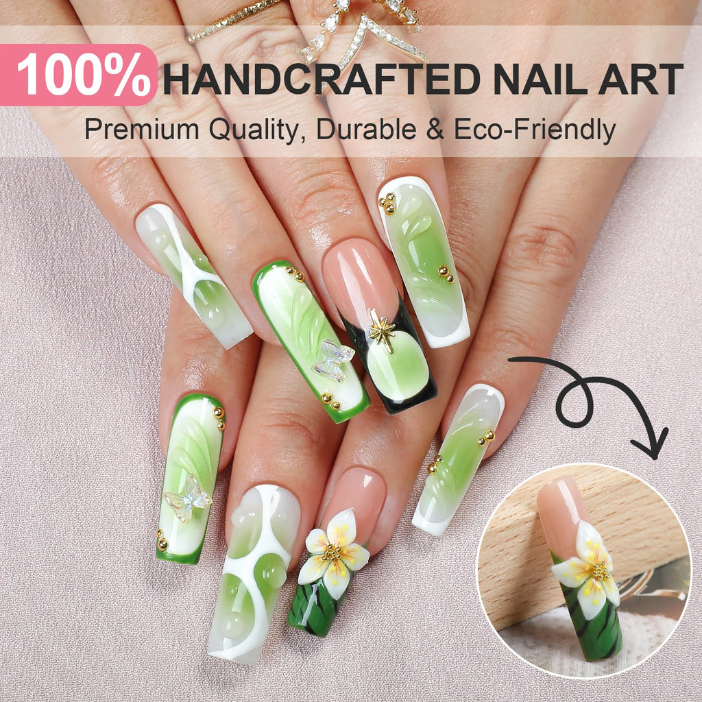 XGV 10pcs Handmade Press-On Nails – Medium Long Square Nude Pink Green with 3D Flowers
