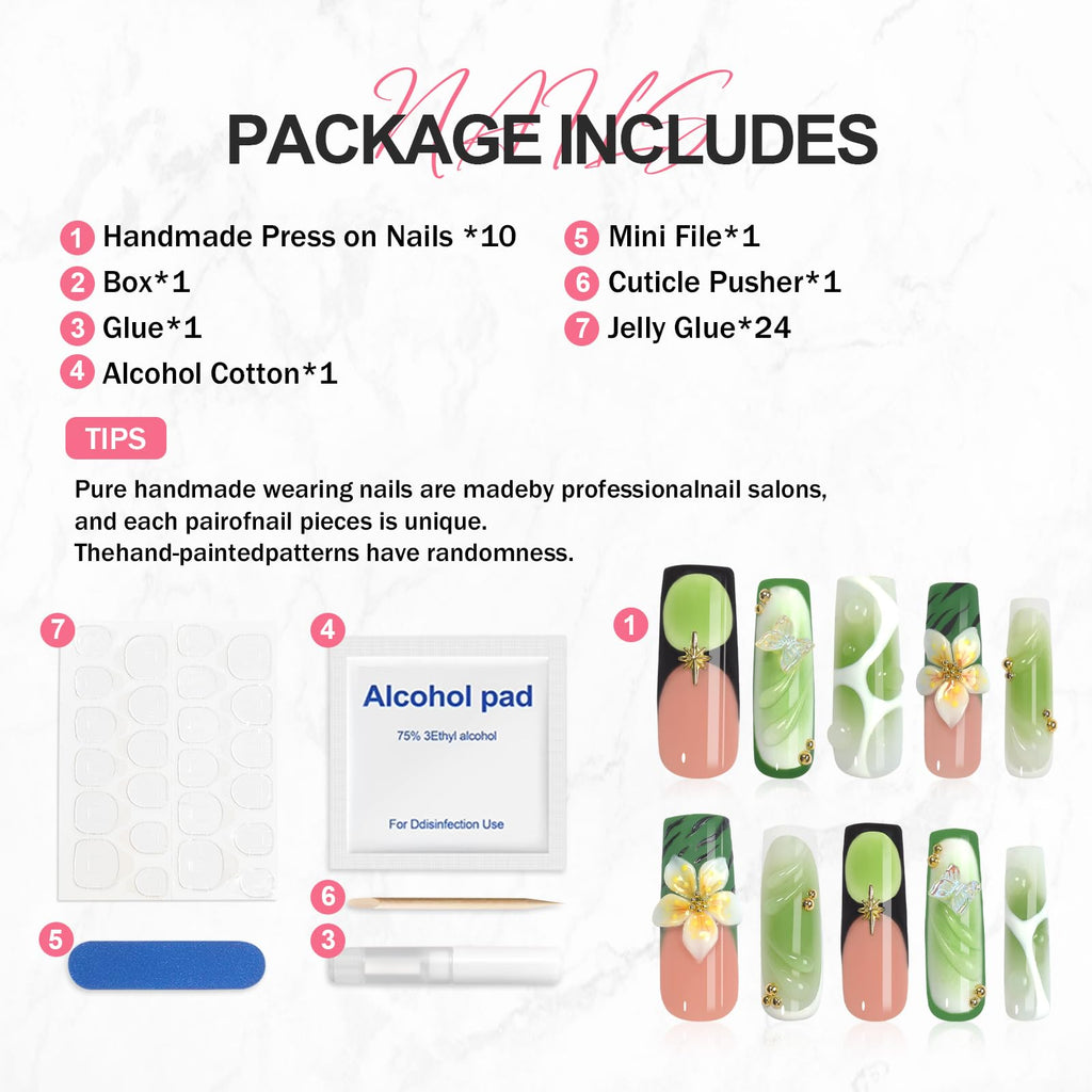 XGV 10pcs Handmade Press-On Nails – Medium Long Square Nude Pink Green with 3D Flowers