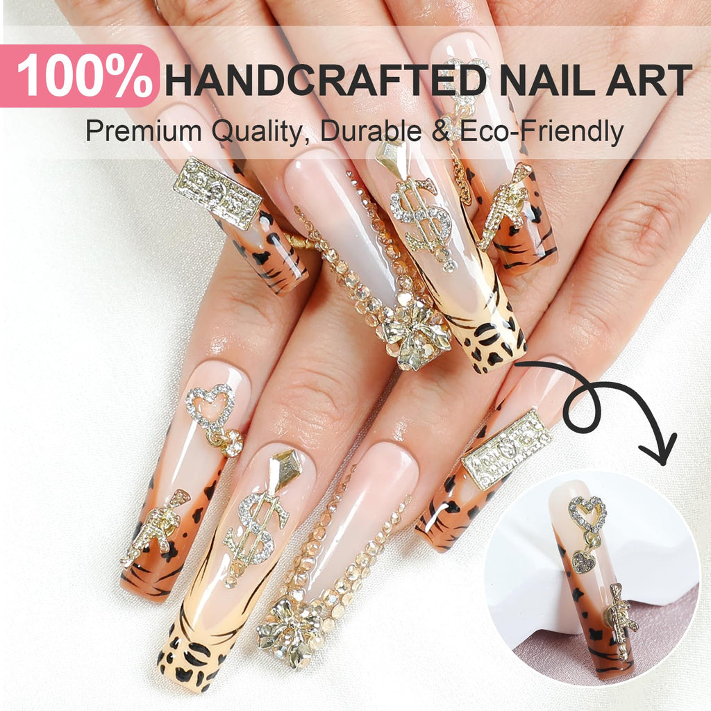 XGV Handmade Press On Nails Long Square – Pink Rhinestones, Reusable Acrylic Nails (10pcs)