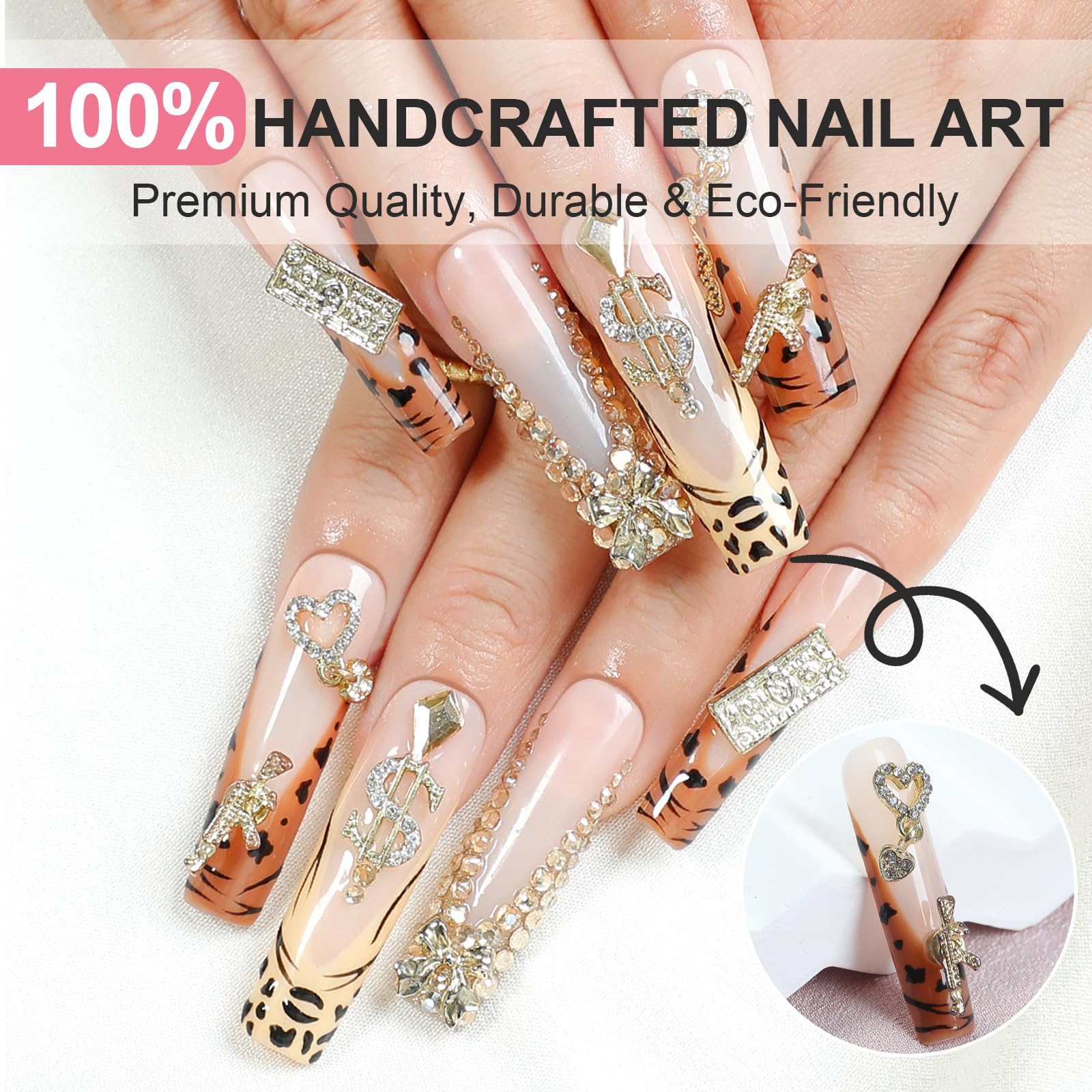 XGV Handmade Press On Nails Long Square – Pink Rhinestones, Reusable Acrylic Nails (10pcs)