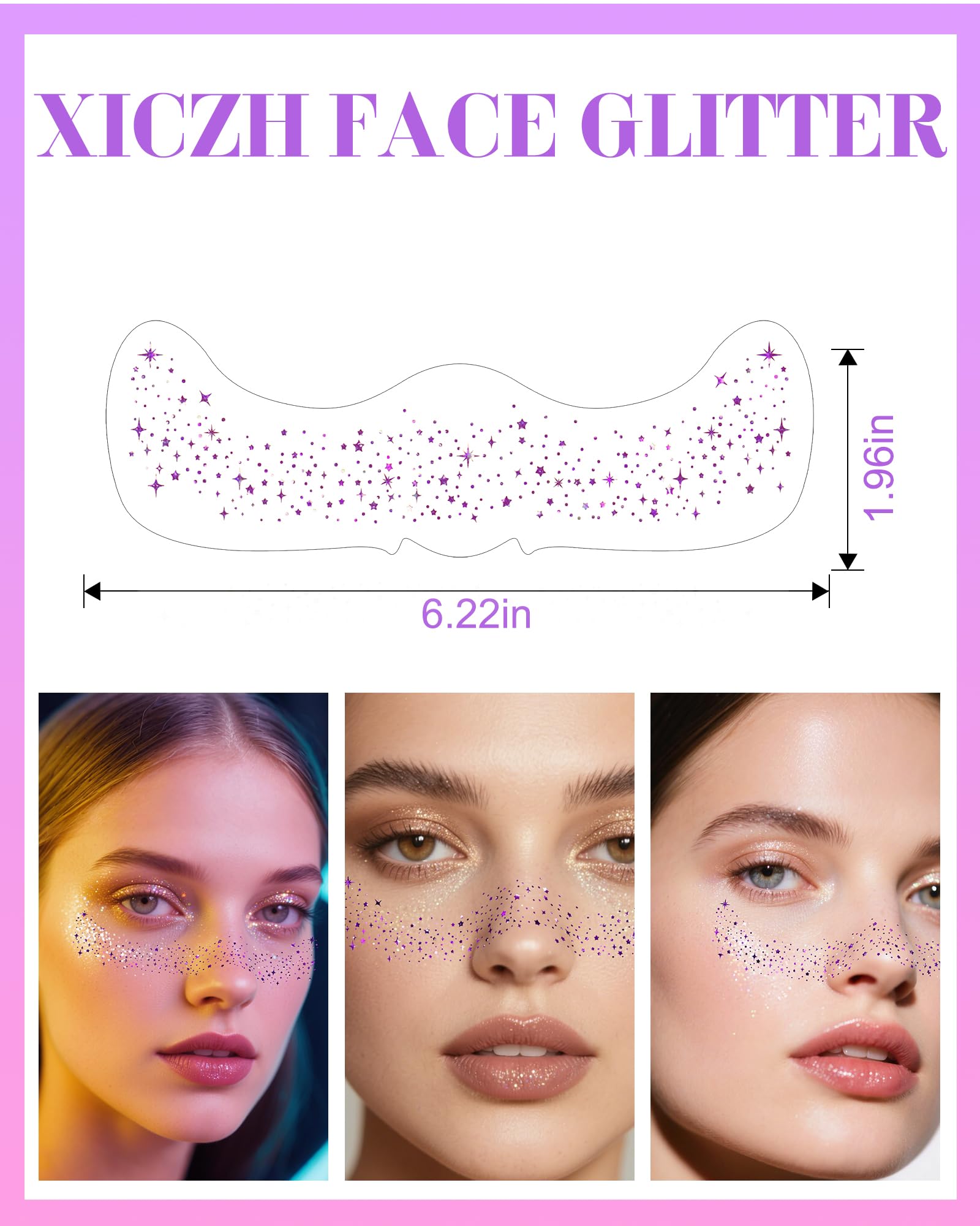 XICZH Purple Face Glitter Patches – 10 Pcs Temporary Tattoos for Festivals & Concerts