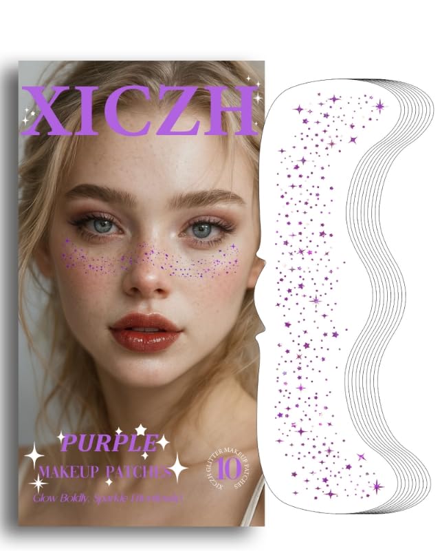 XICZH Purple Face Glitter Patches – 10 Pcs Temporary Tattoos for Festivals & Concerts