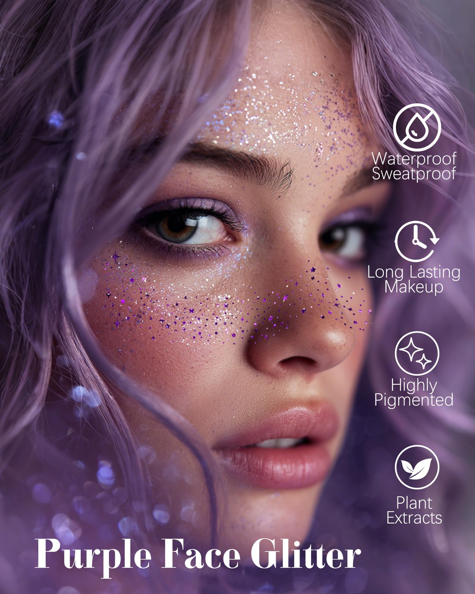 XICZH Purple Face Glitter Patches – 10 Pcs Temporary Tattoos for Festivals & Concerts