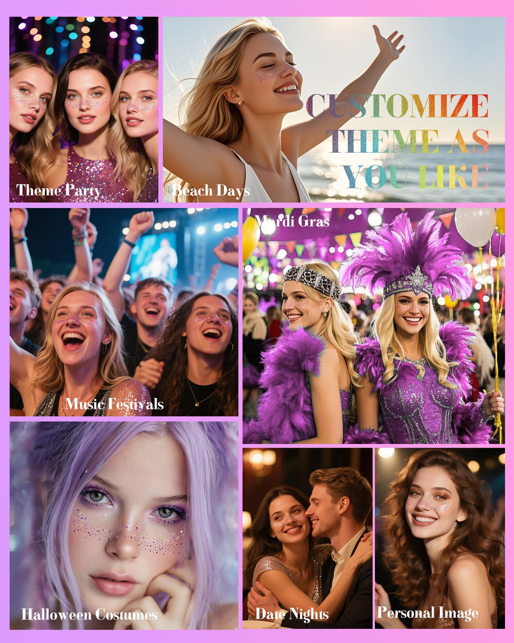 XICZH Purple Face Glitter Patches – 10 Pcs Temporary Tattoos for Festivals & Concerts