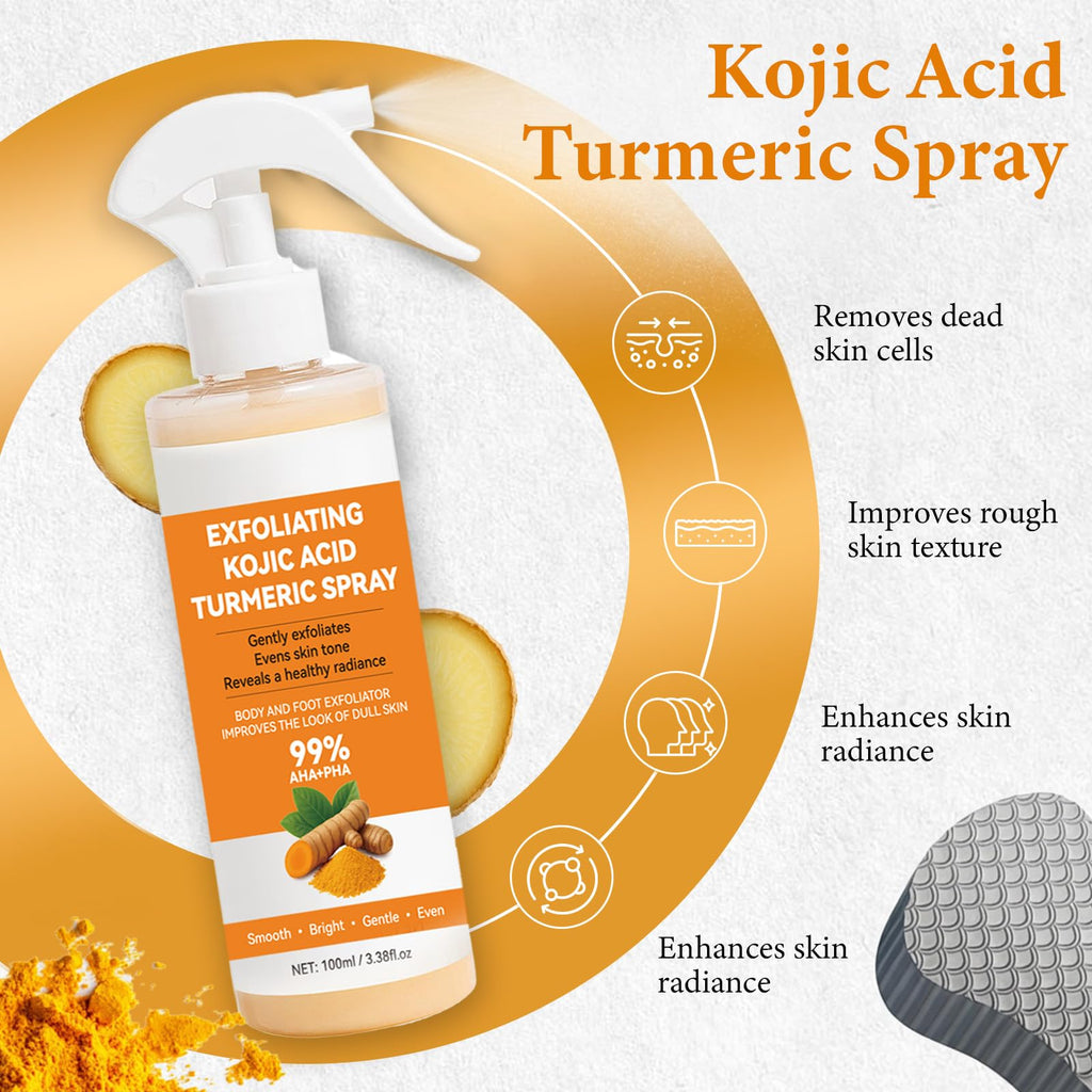 XILRVON Kojic Acid Turmeric Body Spray with Sponge – Exfoliating Mist with Retinol, Niacinamide, Glutathione – 100ml