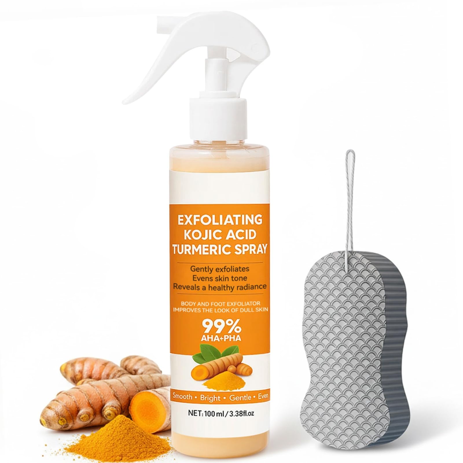 XILRVON Kojic Acid Turmeric Body Spray with Sponge – Exfoliating Mist with Retinol, Niacinamide, Glutathione – 100ml