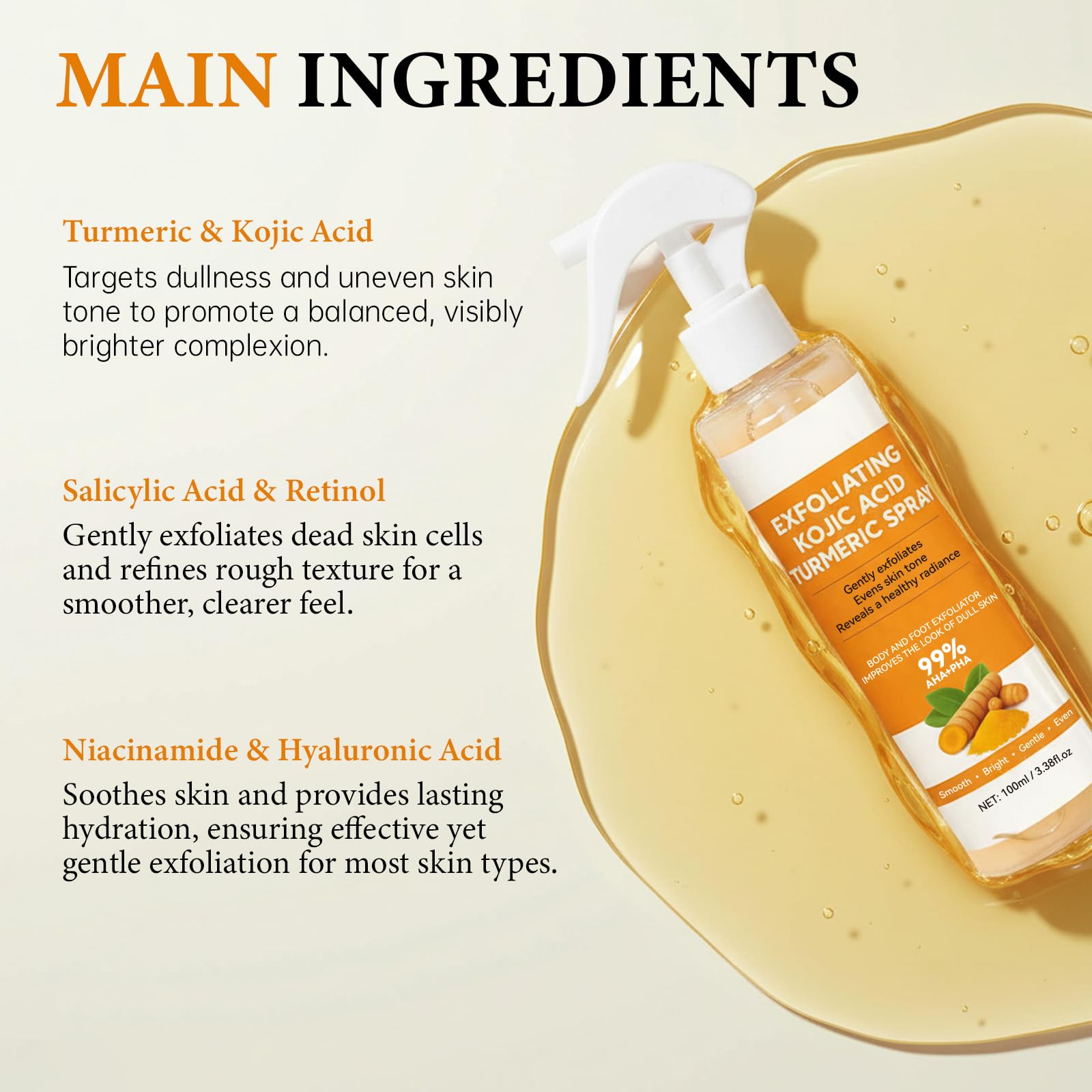 XILRVON Kojic Acid Turmeric Body Spray with Sponge – Exfoliating Mist with Retinol, Niacinamide, Glutathione – 100ml