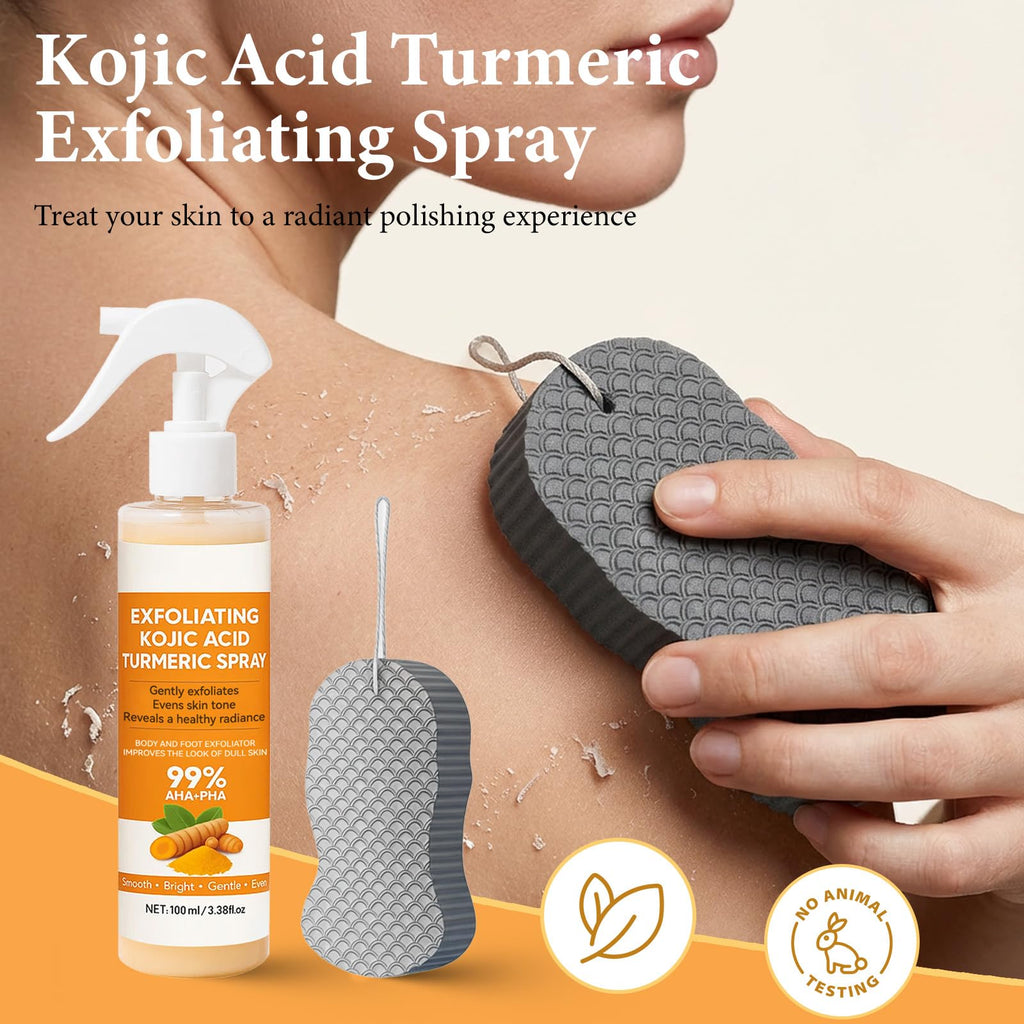 XILRVON Kojic Acid Turmeric Body Spray with Sponge – Exfoliating Mist with Retinol, Niacinamide, Glutathione – 100ml