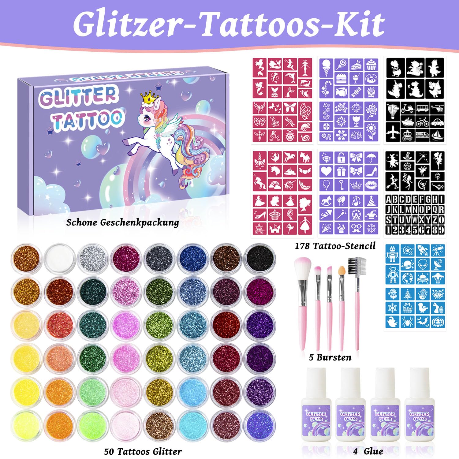 XiQiDianr Temporary Glitter Tattoos Kit for Kids – 48 Colors, 178 Stencils, 4 Glue, 5 Brushes