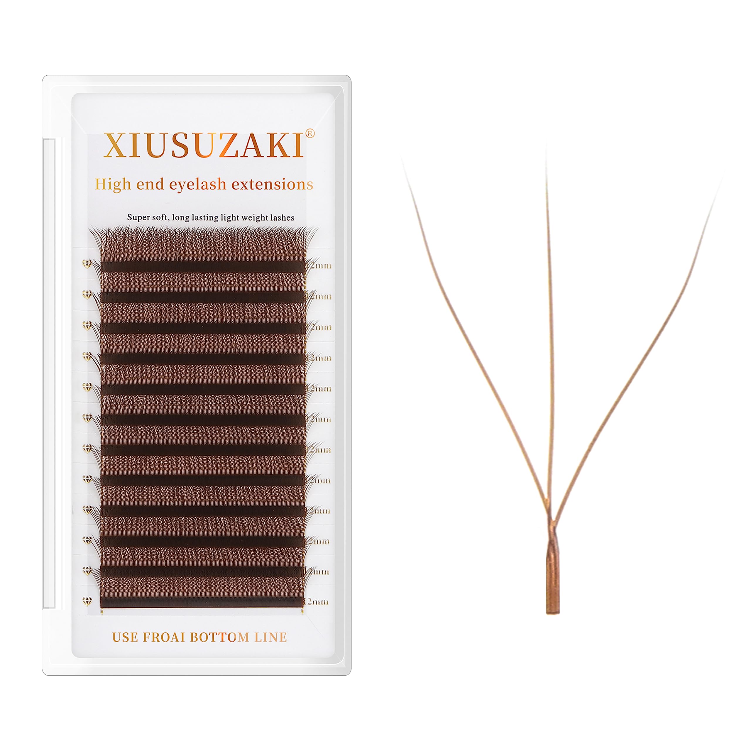 XIUSUZAKI Brown 3D W-Lash Extensions, 0.07mm | Premade Fans, C/D Curl, 12-Row Tray