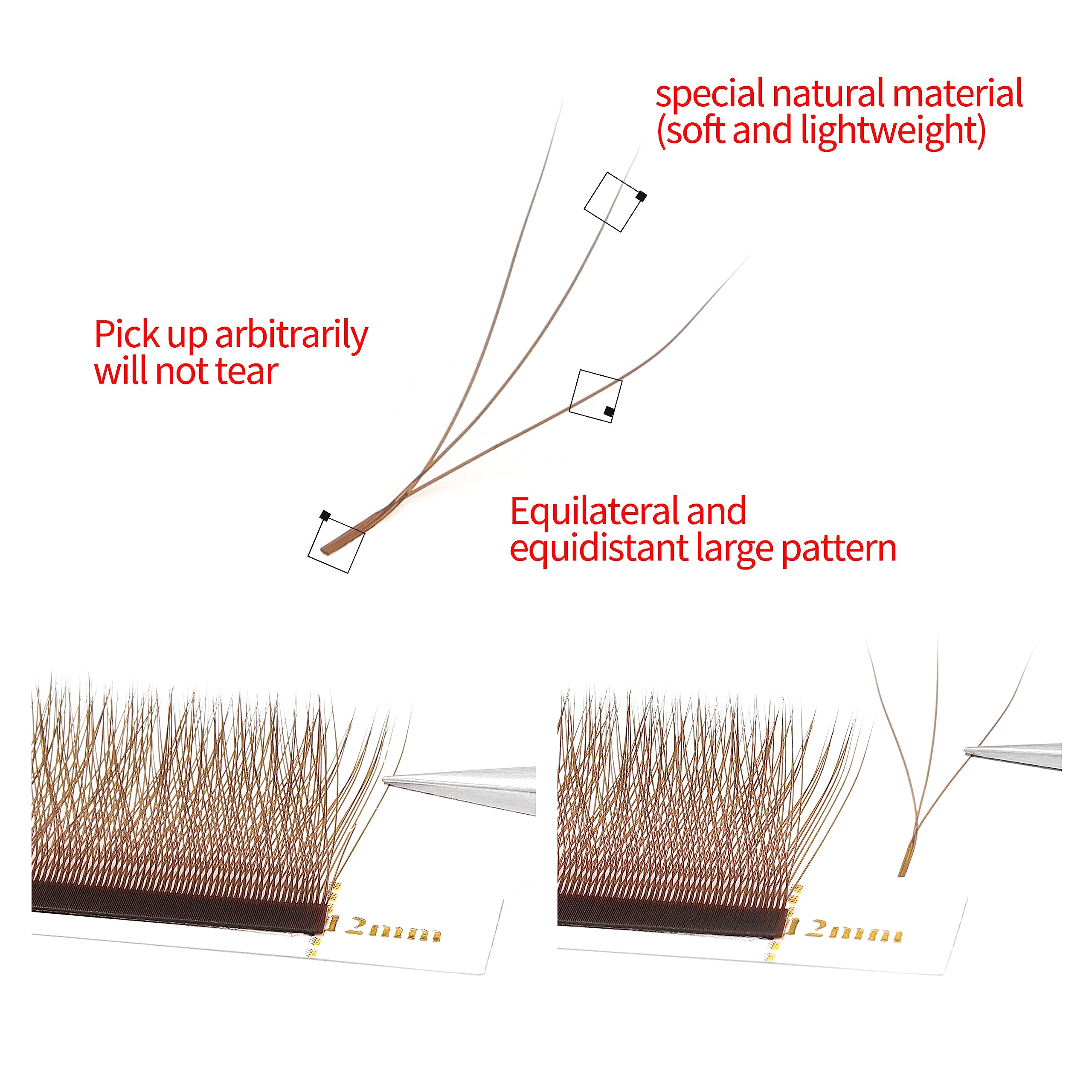 XIUSUZAKI W Lash Extensions – Brown 3D Premade Fans, 0.07mm, C/D Curl, 14mm