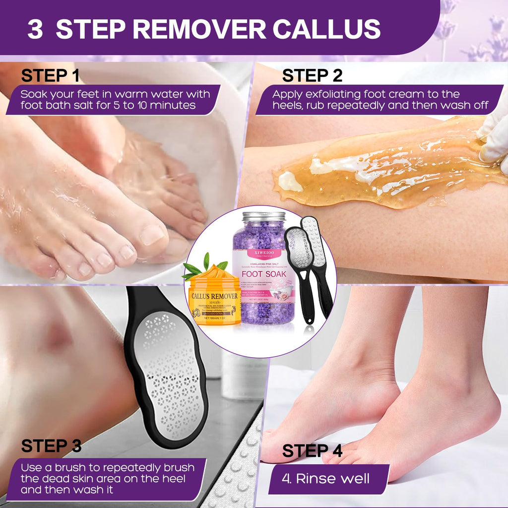 XIWEIOO Foot Spa Kit – Himalayan Salt Lavender & Rose, Exfoliating Cream & Brushes for At-Home Pedicure