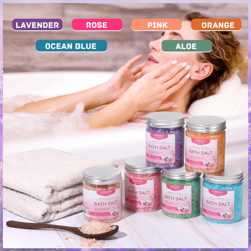 XIWEIOO 6 Pack Bath Salt Kit – Himalayan Pink Salt, Lavender, Orange & Rose Soaks