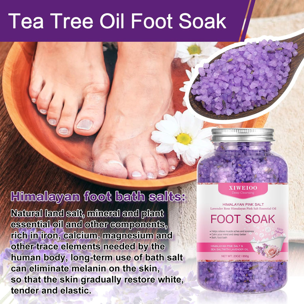 XIWEIOO Foot Spa Kit – Himalayan Salt Lavender & Rose, Exfoliating Cream & Brushes for At-Home Pedicure