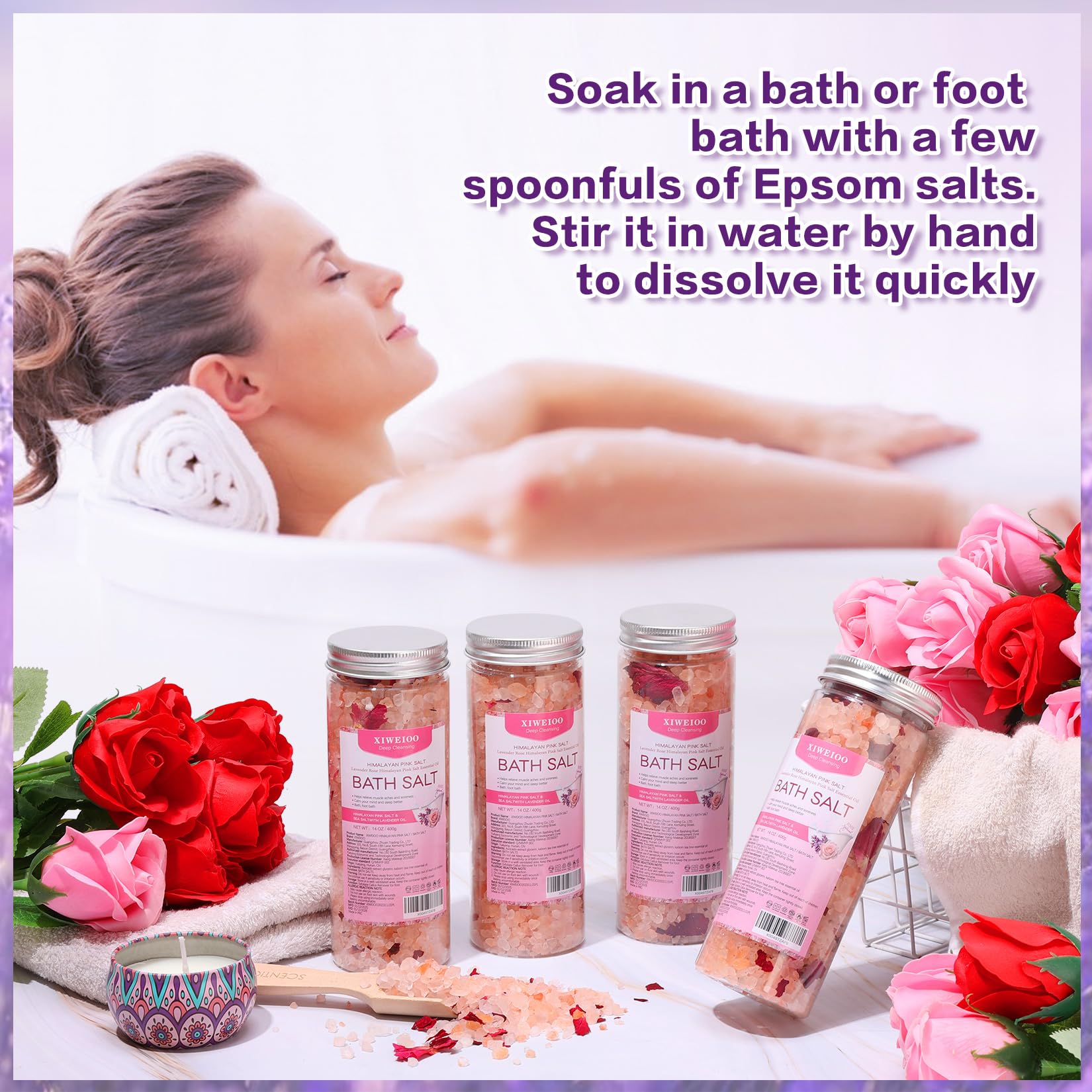 XIWEIOO Bath Salts Set – 56 oz Pack of 4 with Himalayan Pink Salt