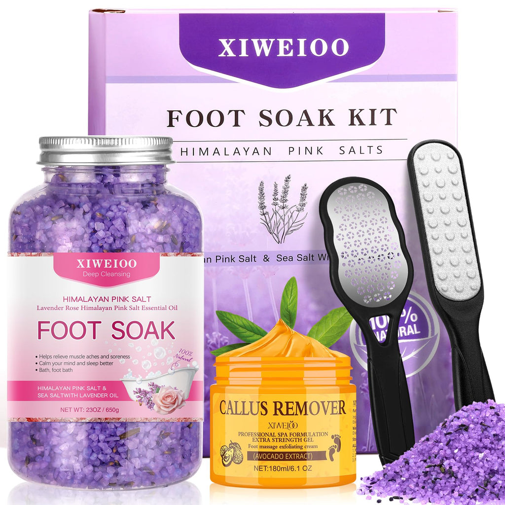 XIWEIOO Foot Spa Kit – Himalayan Salt Lavender & Rose, Exfoliating Cream & Brushes for At-Home Pedicure
