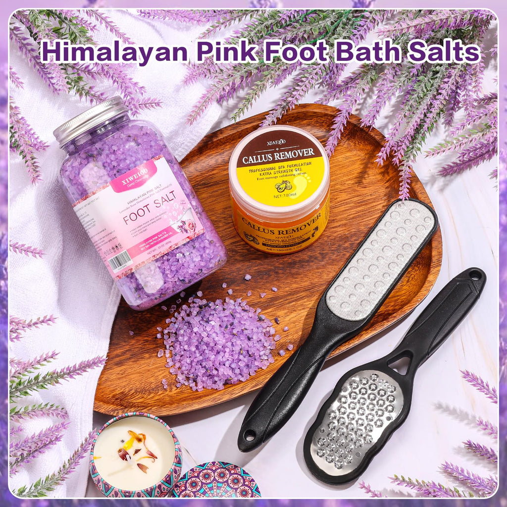 XIWEIOO Foot Spa Kit – Himalayan Salt Lavender & Rose, Exfoliating Cream & Brushes for At-Home Pedicure