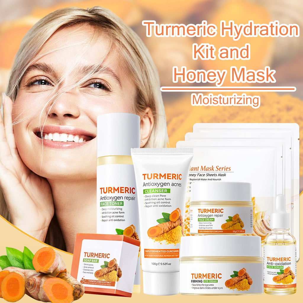 XMXueMei Turmeric Skin Care Set – 9-Piece Kit with Honey Sheet Masks, Soap Bar, Cleanser, Toner, Serum, Moisturizer, and Eye Cream