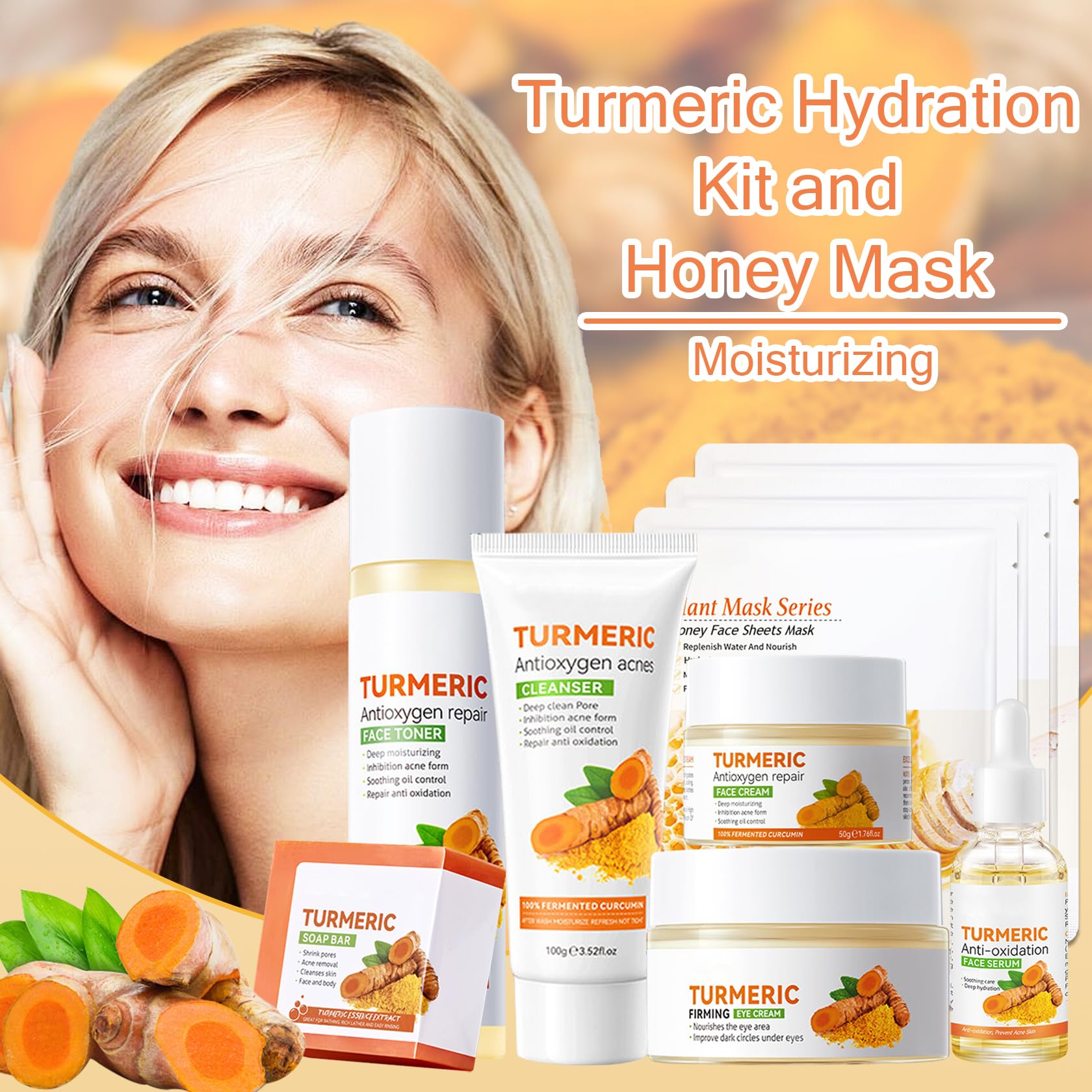 XMXueMei Turmeric Skin Care Set – 9-Piece Kit with Honey Sheet Masks, Soap Bar, Cleanser, Toner, Serum, Moisturizer, and Eye Cream