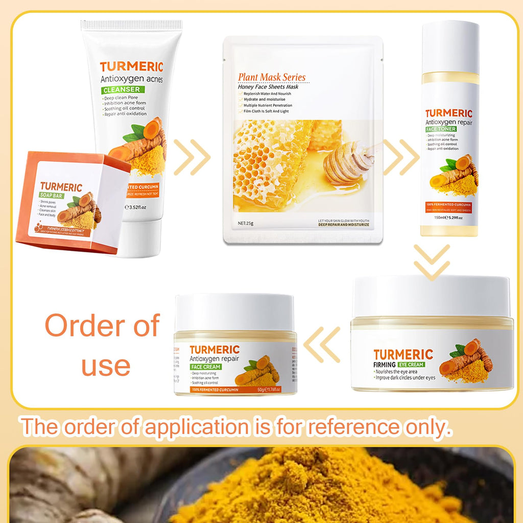 XMXueMei Turmeric Skin Care Set – 9-Piece Kit with Honey Sheet Masks, Soap Bar, Cleanser, Toner, Serum, Moisturizer, and Eye Cream