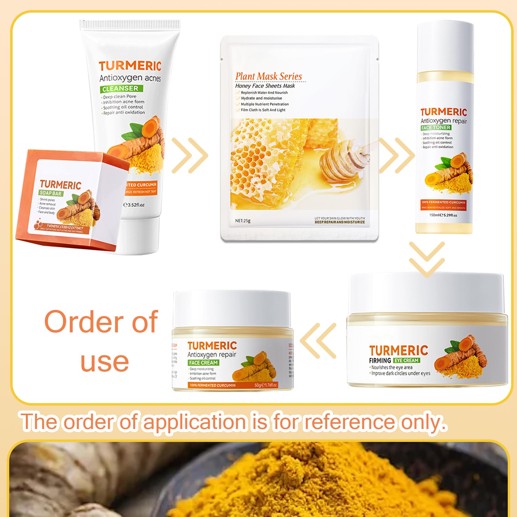 XMXueMei Turmeric Skin Care Set – 9-Piece Kit with Honey Sheet Masks, Soap Bar, Cleanser, Toner, Serum, Moisturizer, and Eye Cream