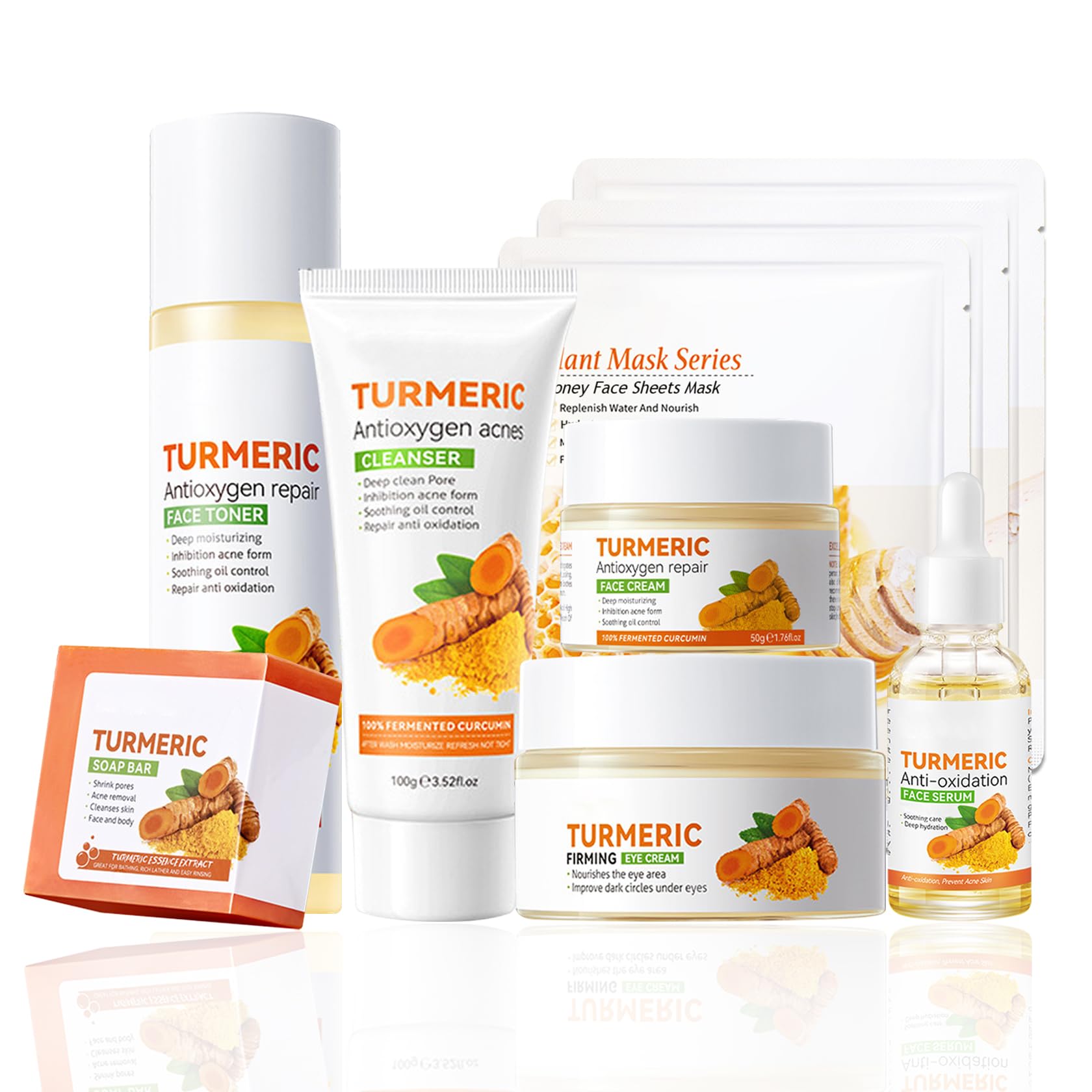 XMXueMei Turmeric Skin Care Set – 9-Piece Kit with Honey Sheet Masks, Soap Bar, Cleanser, Toner, Serum, Moisturizer, and Eye Cream