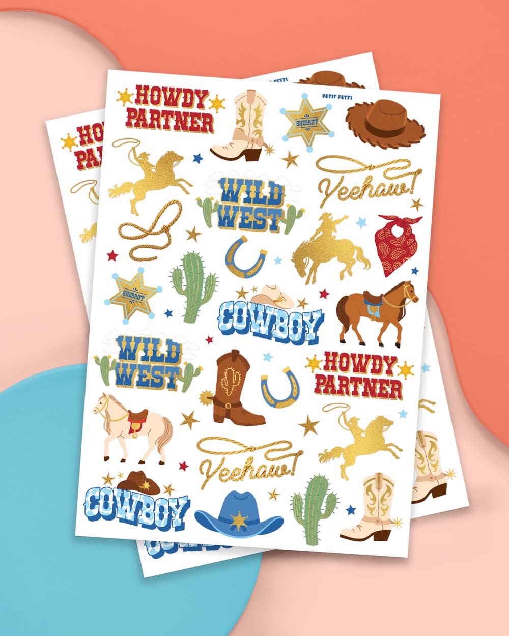 xo, Fetti Cowboy Temporary Tattoos for Kids – 52 Gold Foil Designs (Pack of 2)