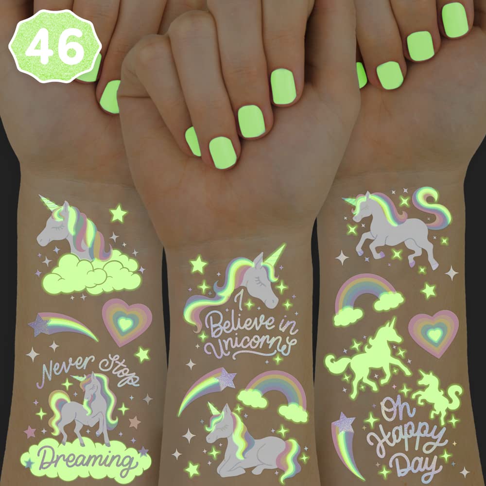 xo, Fetti Rainbow Unicorn Temporary Tattoos – 46 Glow-in-the-Dark Styles for Kids’ Parties
