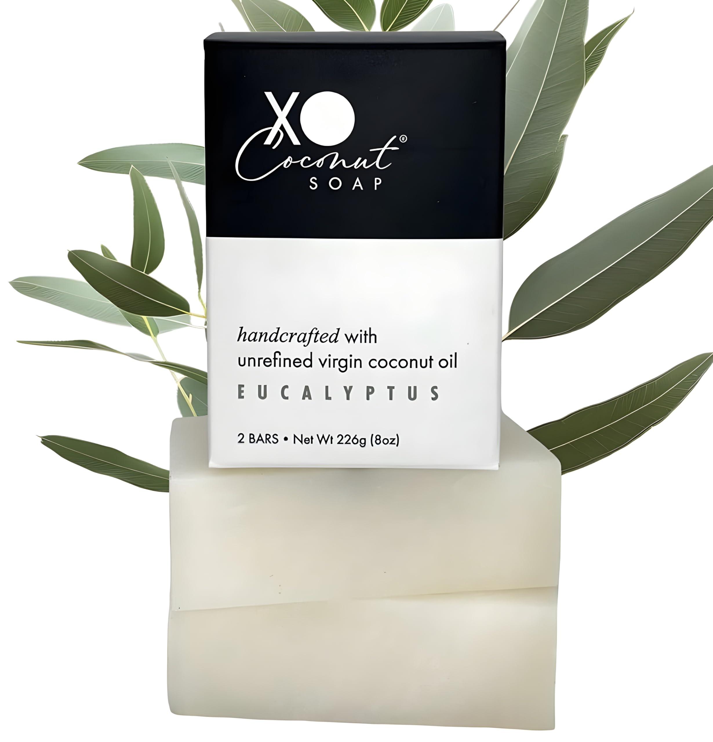 XO COCONUT Coconut Oil Bar Soap - Handcrafted Organic Vegan with Eucalyptus, 2 Bars (4 oz each)
