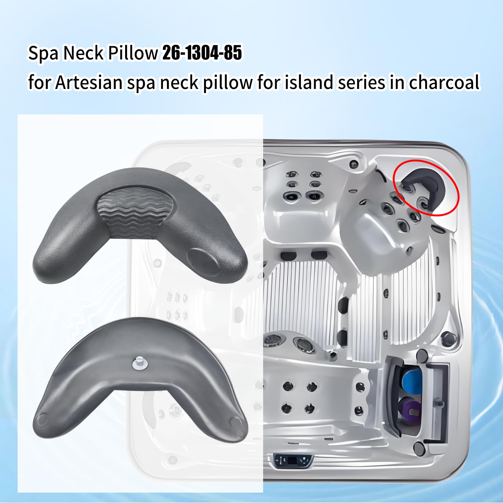 XQK Spa Neck Pillow Headrest, Charcoal Gray — Compatible with Artisean Island Spa Series, Tidal Fit & Tropic Seas Spas (Model 26-1304-85)