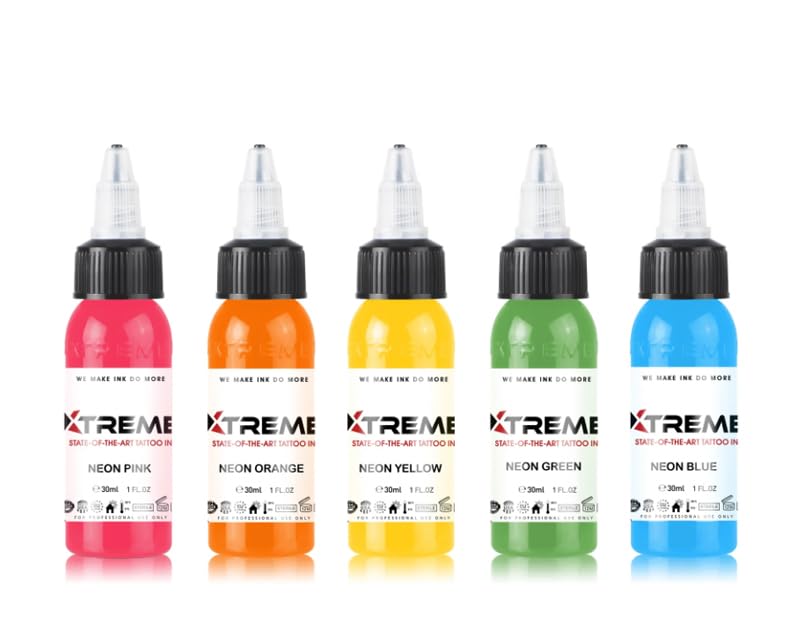 Xtreme Ink Neon Set – 5 Color Neon Tattoo Inks | Water-Based, Vegan, UV-Free