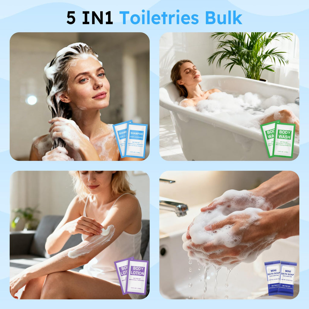 Xuezoioy 100 Pcs 5-in-1 Hotel Toiletries Bulk Set – Travel-Sized Shampoo, Conditioner, Body Wash, Lotion & Soap