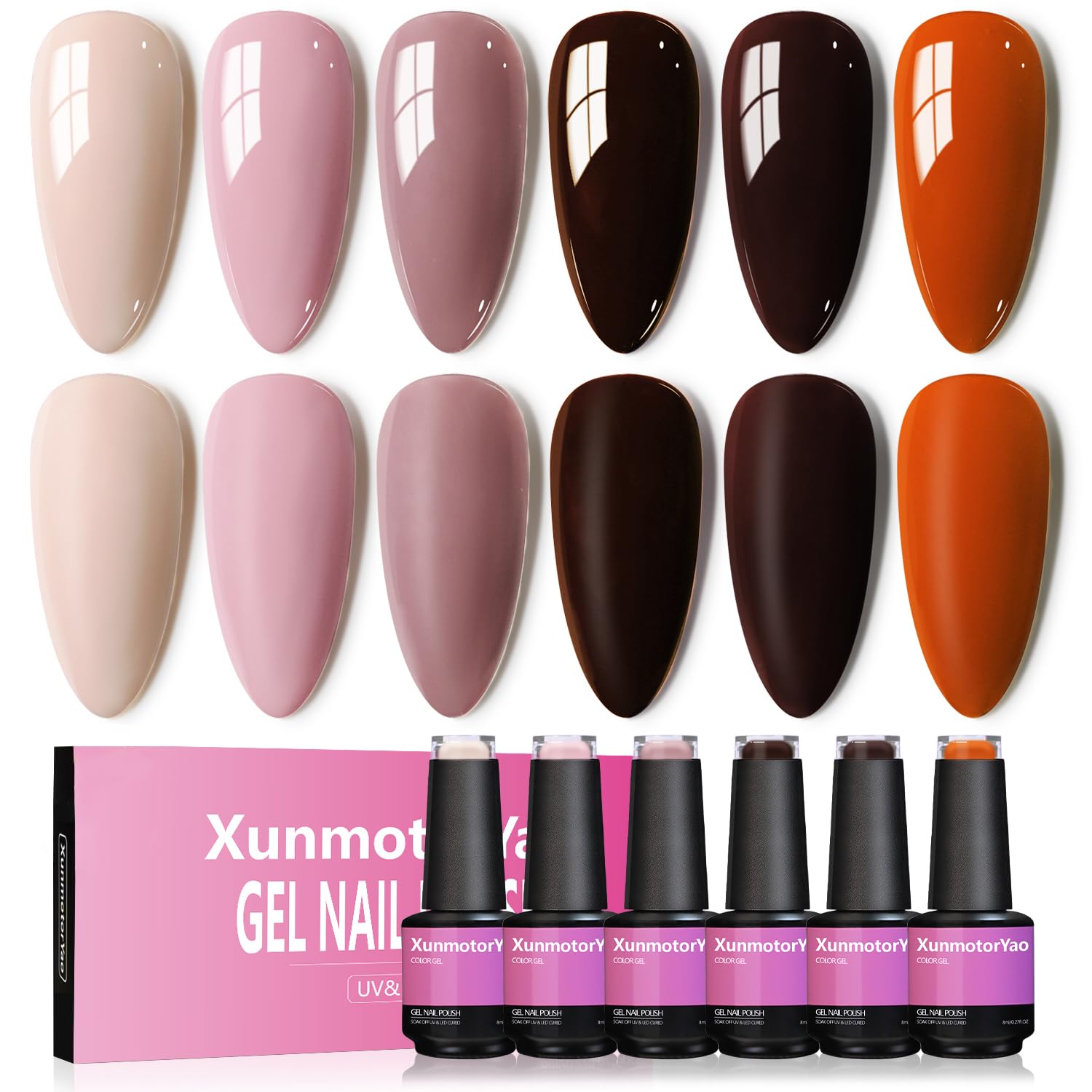 XunmotorYao Gel Nail Polish Set – 6 Colors Brown Orange Pink | Soak-Off UV/LED Nail Kit for DIY Nails