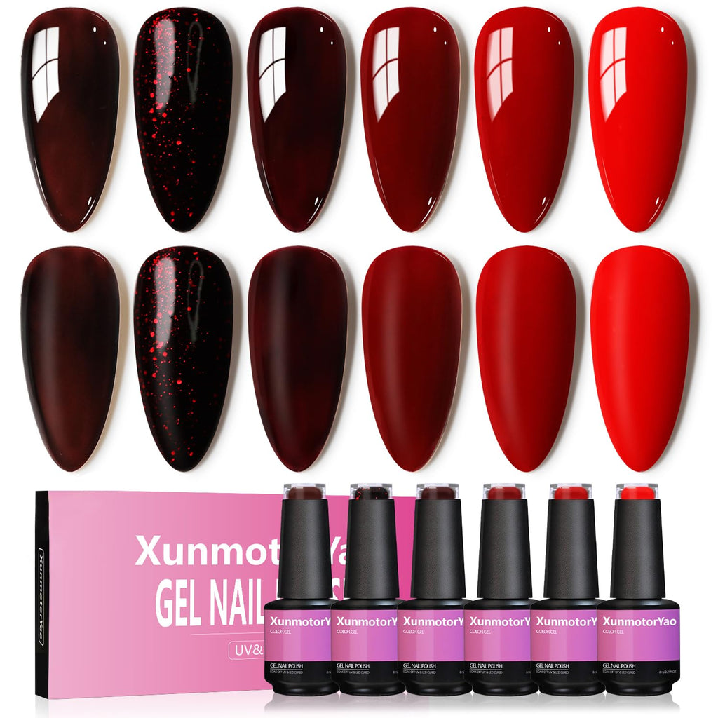 XunmotorYao Gel Nail Polish Set – 6 Colors (Red, Burgundy, Glitter) Soak Off UV/LED Kit
