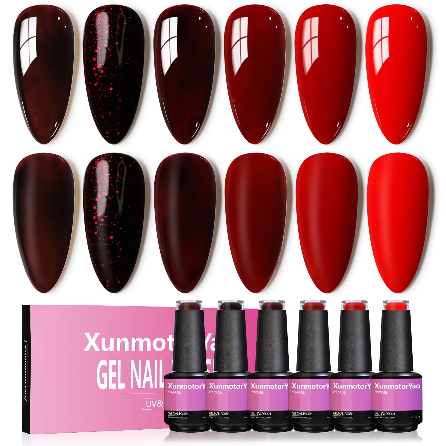 XunmotorYao Gel Nail Polish Set – 6 Colors (Red, Burgundy, Glitter) Soak Off UV/LED Kit