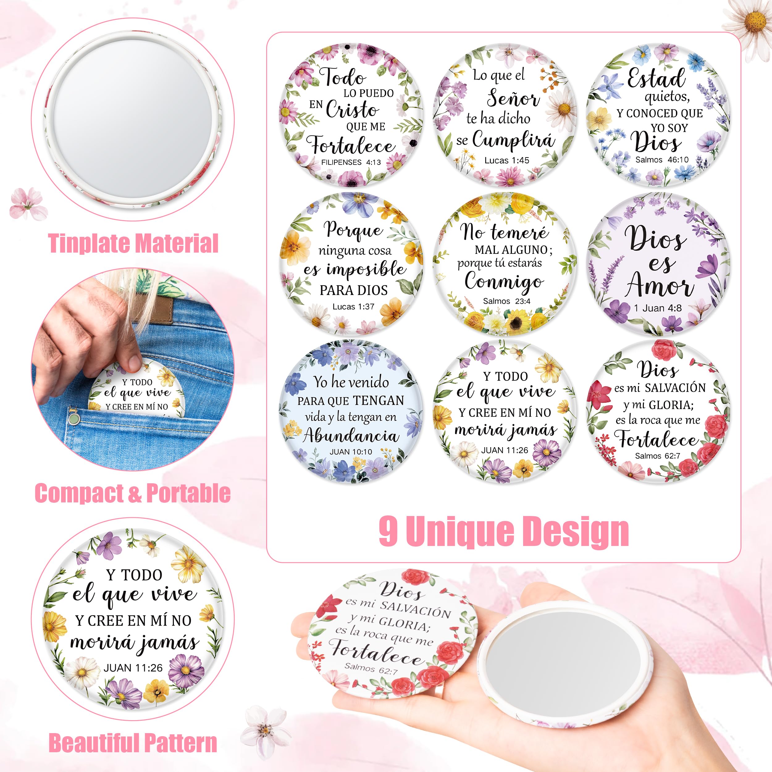 Y1tvei Spanish Flower Bible Mirrors — 36-Piece Pocket Scripture Set