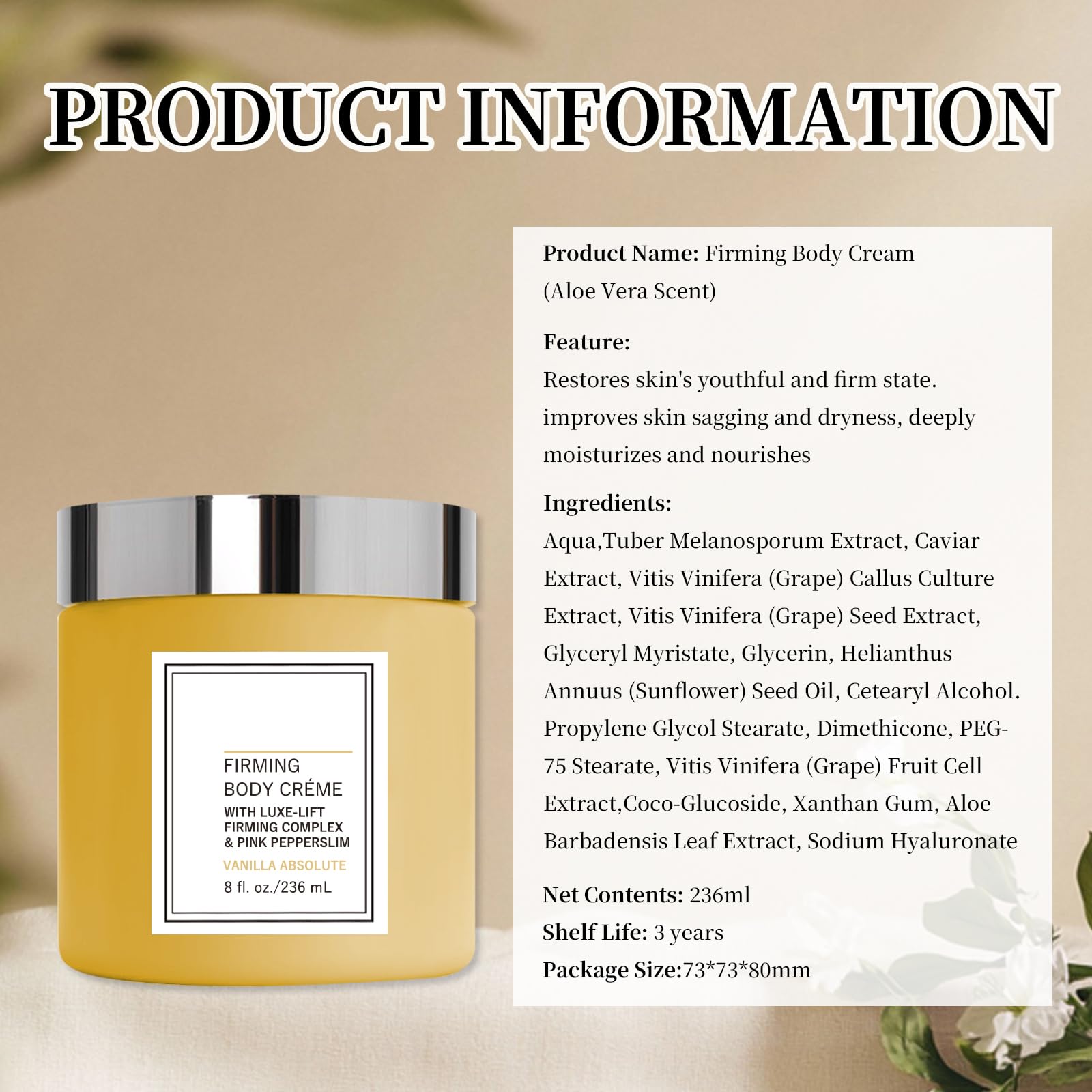 Yabacado Champagne Lift & Firming Body Cream – Vanilla | Lightweight Hydration & Gentle Toning