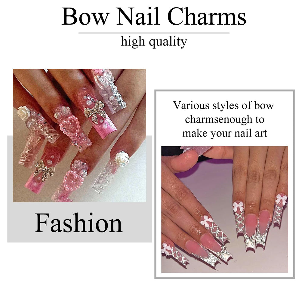 YAEISM Bow Nail Charms Kit – 70Pcs Silver Bowknot with Glue Gel & Tweezers