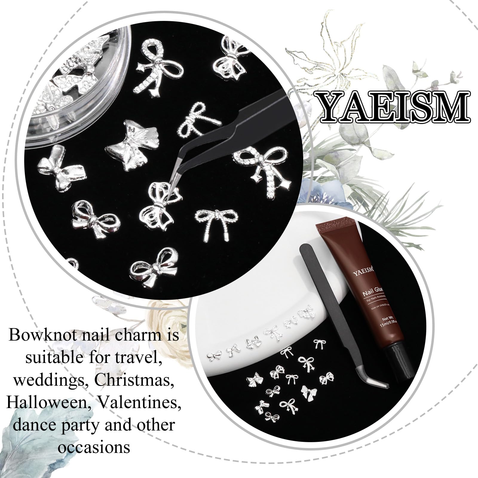 YAEISM Bow Nail Charms Kit – 70Pcs Silver Bowknot with Glue Gel & Tweezers