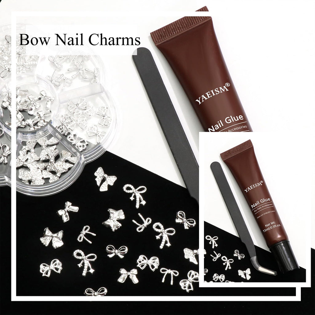 YAEISM Bow Nail Charms Kit – 70Pcs Silver Bowknot with Glue Gel & Tweezers