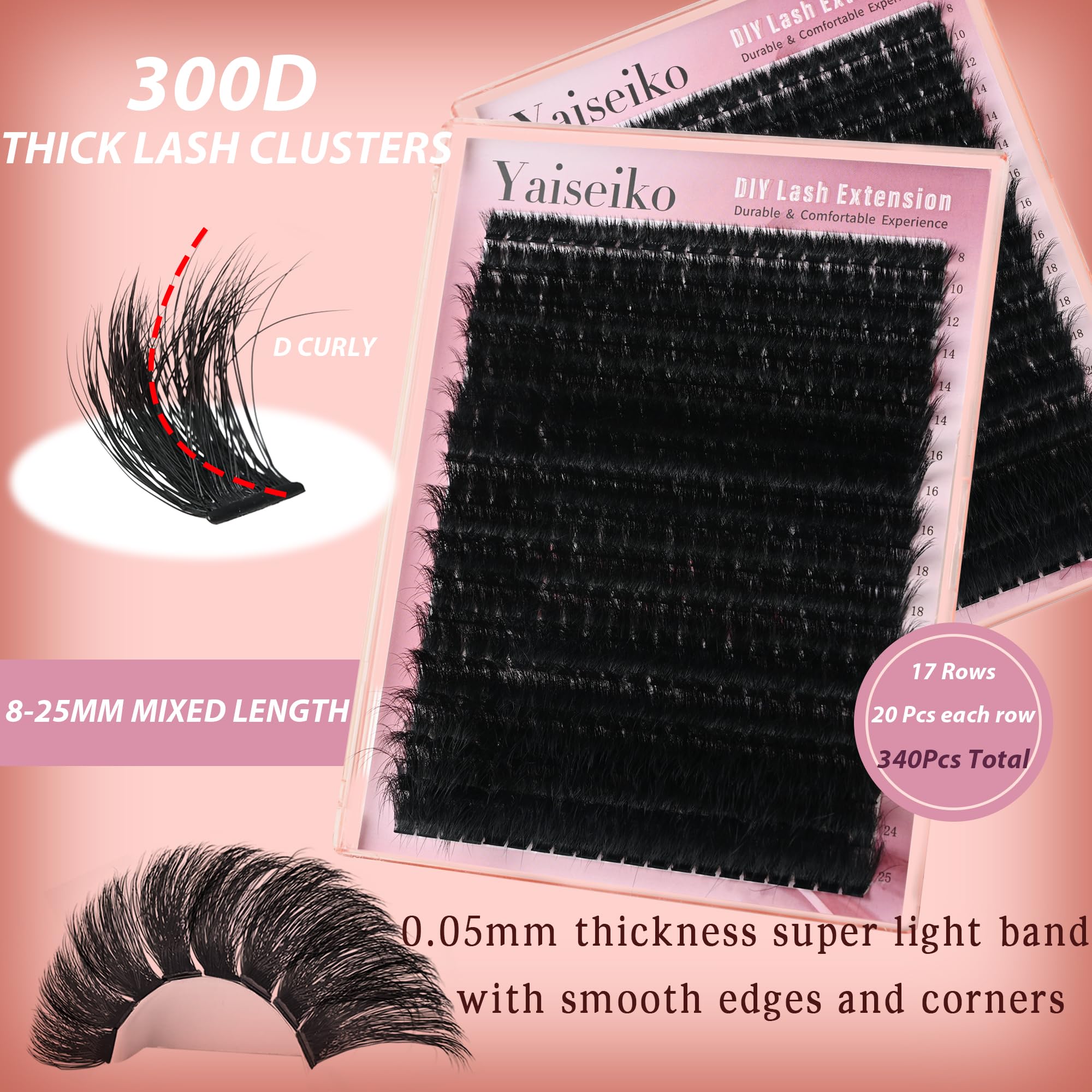 Yaiseiko Full Volume Lash Clusters 340Pcs 8-25mm | 300D D-Curl Bulk Lashes