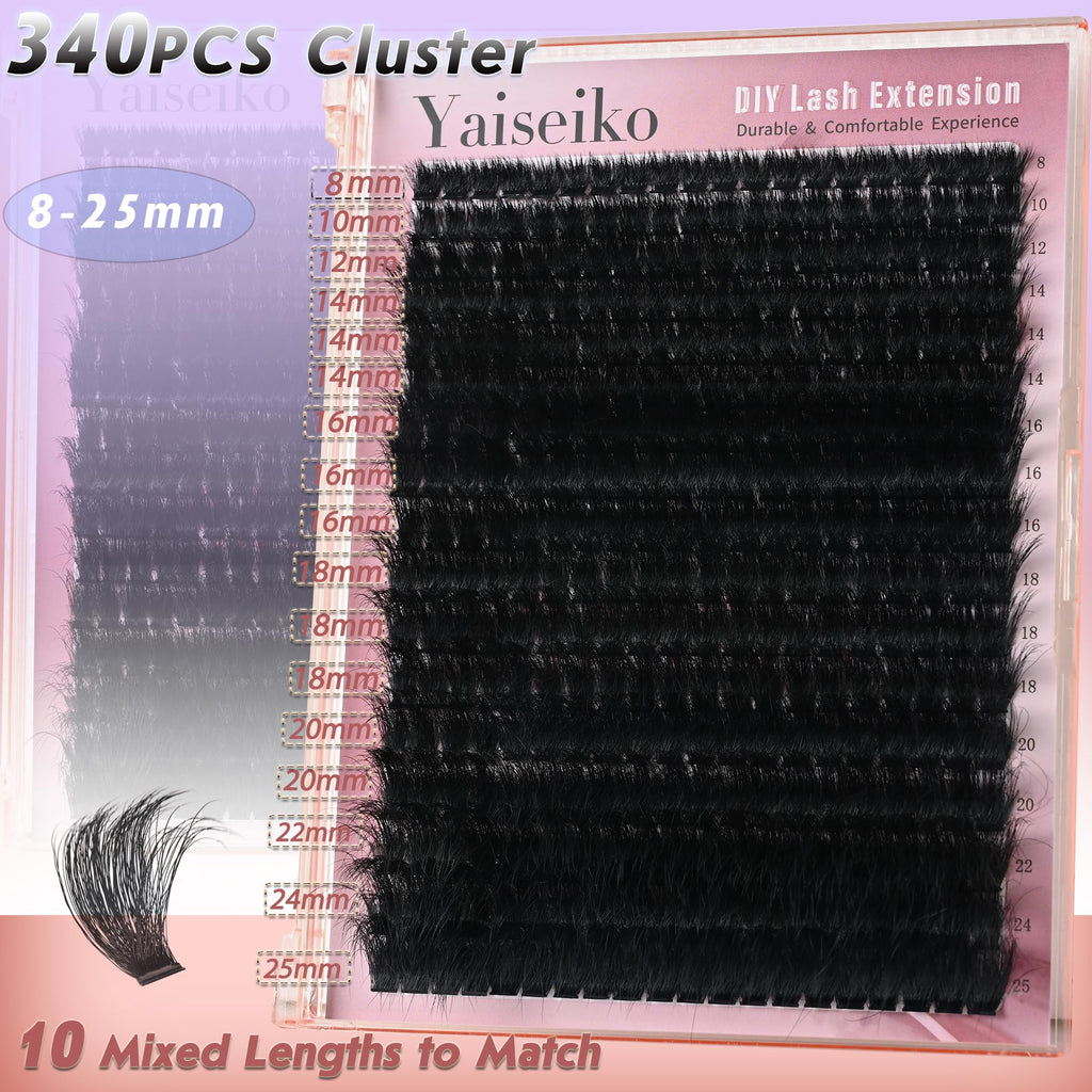Yaiseiko Full Volume Lash Clusters 340Pcs 8-25mm | 300D D-Curl Bulk Lashes