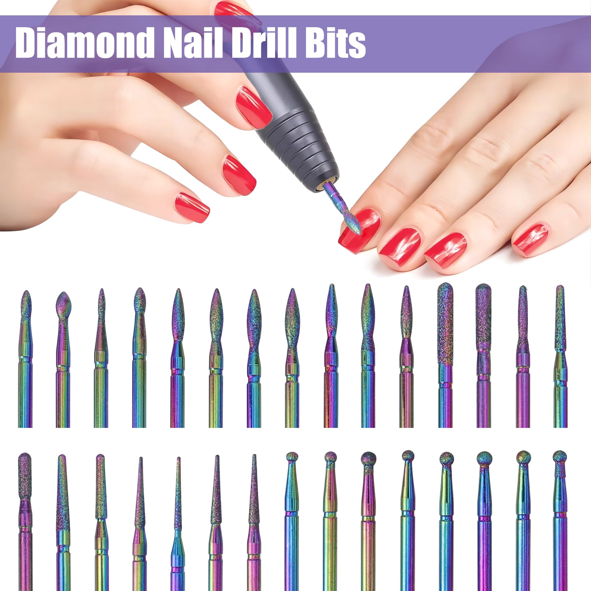 YAKAMOZ Professional Cuticle Nail Drill Bits – 30Pcs, 3/32 Inch Shank Diamond E File Set for Gel Polish, Acrylic & Cuticle Removal