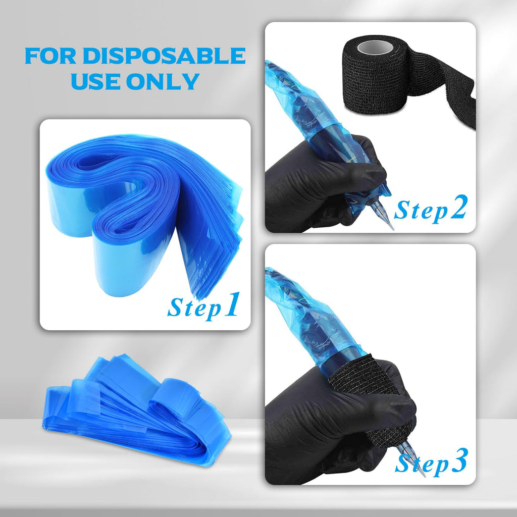 Yangna Clip Cord Covers with Tattoo Grip Tapes – 125 Sleeves + 6 Grip Tapes, Blue