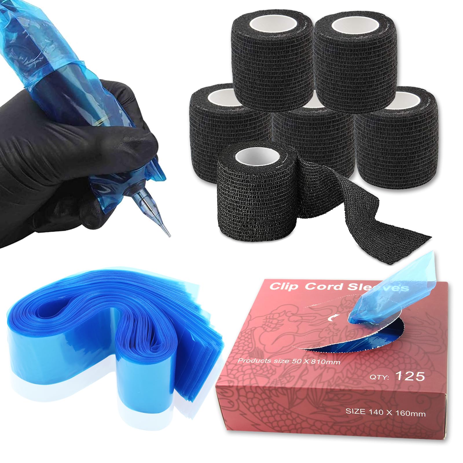Yangna Clip Cord Covers with Tattoo Grip Tapes – 125 Sleeves + 6 Grip Tapes, Blue