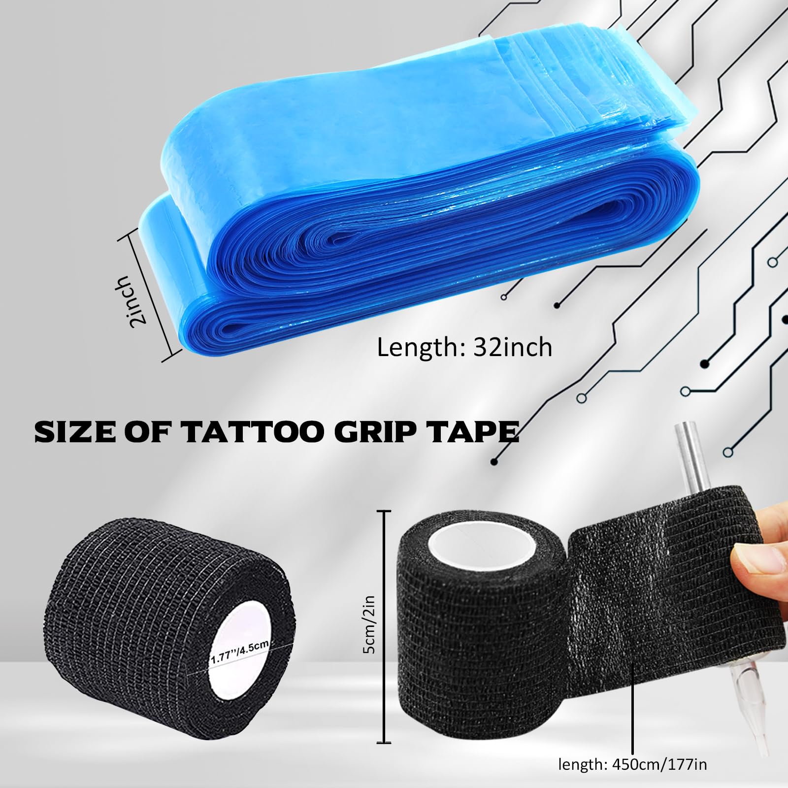 Yangna Clip Cord Covers with Tattoo Grip Tapes – 125 Sleeves + 6 Grip Tapes, Blue